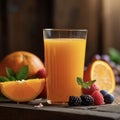 Orange juice in a glass glass, fruits and berries in the background. Royalty Free Stock Photo