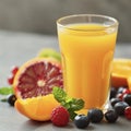 Orange juice in a glass glass, fruits and berries in the background. Royalty Free Stock Photo