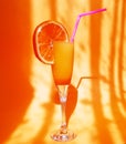 Orange juice in a glass goblet on a thin stem and a tube with a piece of orange Royalty Free Stock Photo