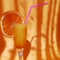 Orange juice in a glass goblet on a thin stem and a tube with a piece of orange Royalty Free Stock Photo