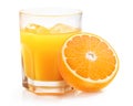 Orange juice in glass with ice and half of fresh orange fruit isolated on white background Royalty Free Stock Photo