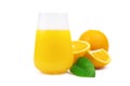 Orange juice in a glass isolated on a white background. Slice of orange fruit and green leaves. Orange juice in a jar Royalty Free Stock Photo