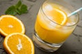 Orange juice in glass with mint, fresh fruits. selective focus, Royalty Free Stock Photo