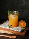 Orange juice in glass with mint, fresh fruits on wooden board. Royalty Free Stock Photo