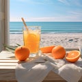 Orange juice in a glass and oranges on a wooden table overlooking the beach and sea, by Generative AI Royalty Free Stock Photo