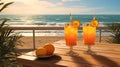 Orange juice in a glass and oranges on a wooden table overlooking the beach and sea by Generative AI Royalty Free Stock Photo