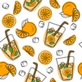 Orange juice in a glass. Seamless pattern with natural fresh . Orange slice, tube for drinking. Healthy organic food. Citrus fruit Royalty Free Stock Photo