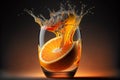 Orange juice glass. Juice splashes. Refreshig fruits concept. Liquid fruits. Generative AI