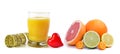Orange juice in glass, tape measure, heart and citrus fruits isolated on a white background. Royalty Free Stock Photo