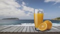 Orange juice in a glass on wooden table with sea and sky background. Generated AI Royalty Free Stock Photo