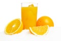 Orange juice,ice cubes and fruit on ice on white Royalty Free Stock Photo