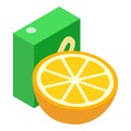 Orange juice icon isometric vector. Fresh ripe orange half and juice packaging