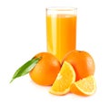 orange juice with orange and green leaf isolated on white background. juice in glass Royalty Free Stock Photo