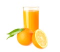 orange juice with orange slices and green leaf isolated on white background. juice in glass Royalty Free Stock Photo