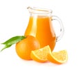 orange juice with orange slices and green leaf isolated on white background. juice in jug Royalty Free Stock Photo