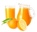 orange juice with orange slices and green leaf isolated on white background. juice in jug Royalty Free Stock Photo