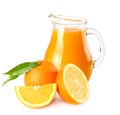 orange juice with orange slices and green leaf isolated on white background. juice in jug Royalty Free Stock Photo