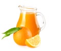 orange juice with orange slices and green leaf isolated on white background. juice in jug Royalty Free Stock Photo