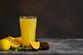 Orange juice, oranges and and juicer on stone background. Horizontal shot Royalty Free Stock Photo