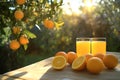 orange juice and oranges on table in garden in two butyfull gllases Royalty Free Stock Photo