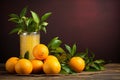 Orange juice and oranges on wooden table with copy space, refreshing citrus drink concept