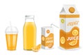 Orange juice packaging container mockup set, vector illustration. Glass bottle, plastic cup, carton pack templates