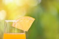Orange juice with piece orange fruit on glass with nature green summer Royalty Free Stock Photo