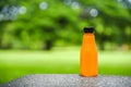 Orange juice in plastic bottle on green natural background