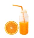 Orange juice in plastic half bottle Slice orange isolated on white