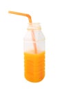 The Orange juice in plastic half bottle with a straw on white background