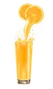 Orange juice pouring in glass from of orange with splash isolated on white background. Vector Royalty Free Stock Photo