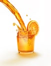 Orange juice pouring into a glass splashing.