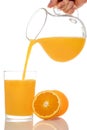 Orange juice pouring from pitcher into glass, isolated on white background Royalty Free Stock Photo