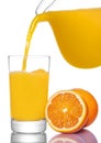 Orange juice pouring from pitcher into glass, isolated on white background Royalty Free Stock Photo