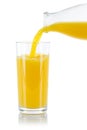 Orange juice pouring pour glass bottle isolated on white Royalty Free Stock Photo