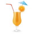 Orange juice with slice of orange, party umbrella and rad straw