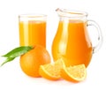 orange juice with orange slices and green leaf isolated on white background. juice in jug Royalty Free Stock Photo