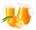 orange juice with orange slices and green leaf isolated on white background. juice in jug Royalty Free Stock Photo