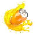 Orange juice or soda can with orange splash isolated on white Royalty Free Stock Photo