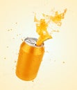 Orange juice splash can,fresh juice or soda splash with fresh wa Royalty Free Stock Photo