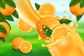 Orange juice and splash. Flow of liquid with drops and sweet fruit 3d realistic vector illustration, package design or poster Royalty Free Stock Photo