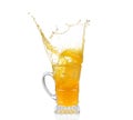 Orange juice splash in glass isolated on white Royalty Free Stock Photo