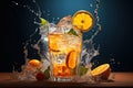 orange juice splash in glass on blue background. Summer drink