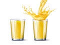Orange juice splash glass. Realistic full glass cup with fruit drink, abstract splash, jet and flying drops, tropical