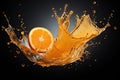 Orange juice splash isolated on black background. 3d rendering. Orange fruit.Generative AI