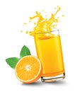 Orange juice splash out of glass with orange fruit on white background Royalty Free Stock Photo