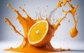 orange juice splash in water with half orange piece Royalty Free Stock Photo