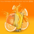 Orange juice splashing in a glass and oranges around it. Royalty Free Stock Photo