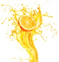 Orange juice splashing with its fruits isolated on white Royalty Free Stock Photo