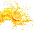 Orange juice splashing with its fruits isolated on white Royalty Free Stock Photo